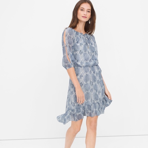 🆕 BLUE DEPTHS with ECRU - NWT [whbm] split sleeve snake print high-low dress - Picture 1 of 14